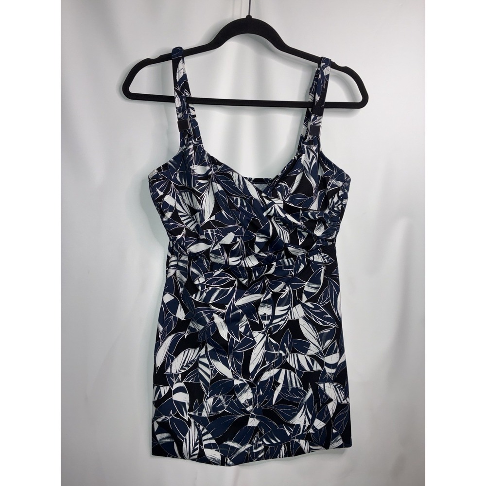 Miraclesuit Tankini Top 34DDD Top Navy Blue White Tropical Palm Leaves Underwire